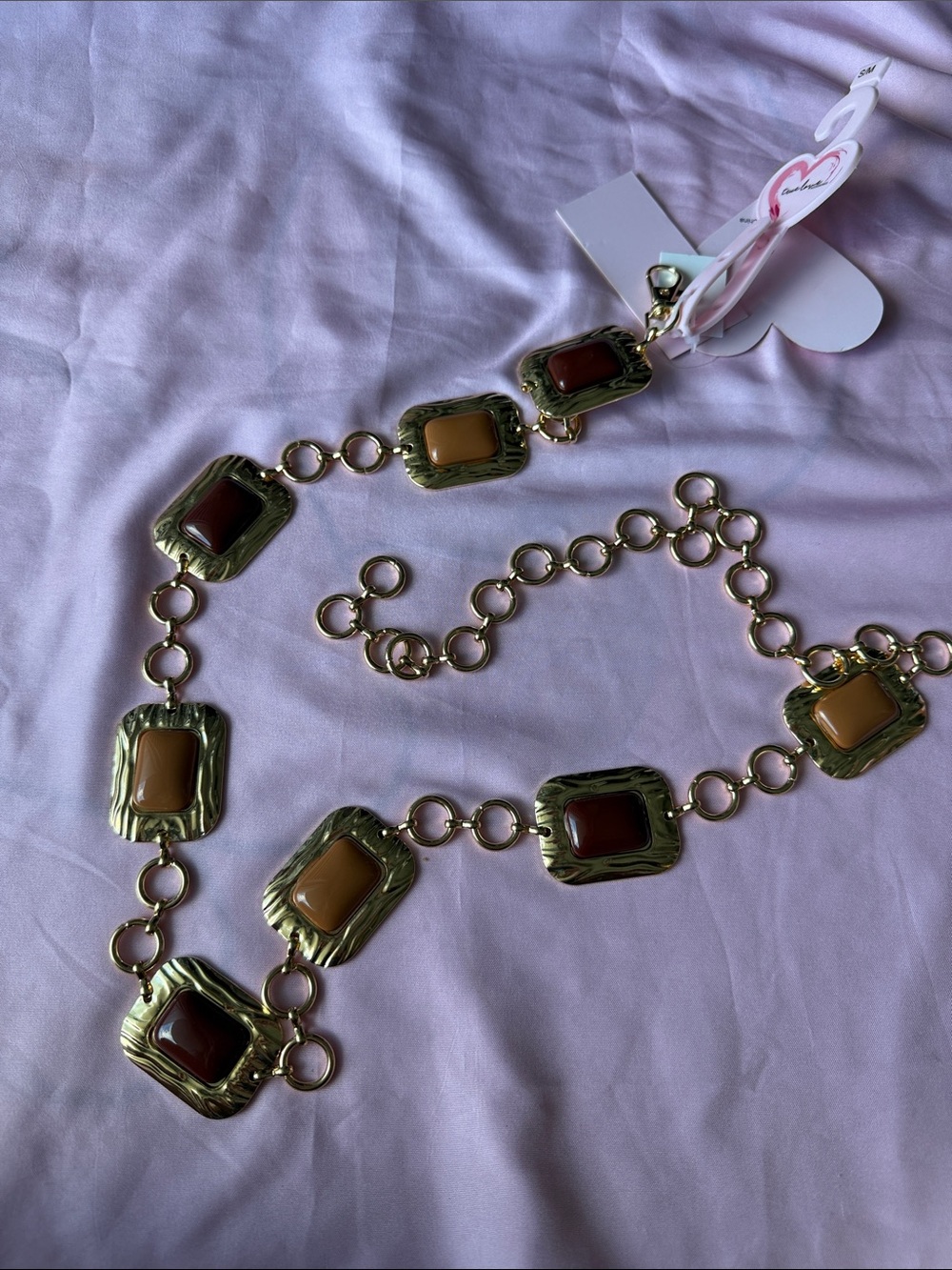 Gold Tone Link chain belt with Brown and Amber Inlays- true love